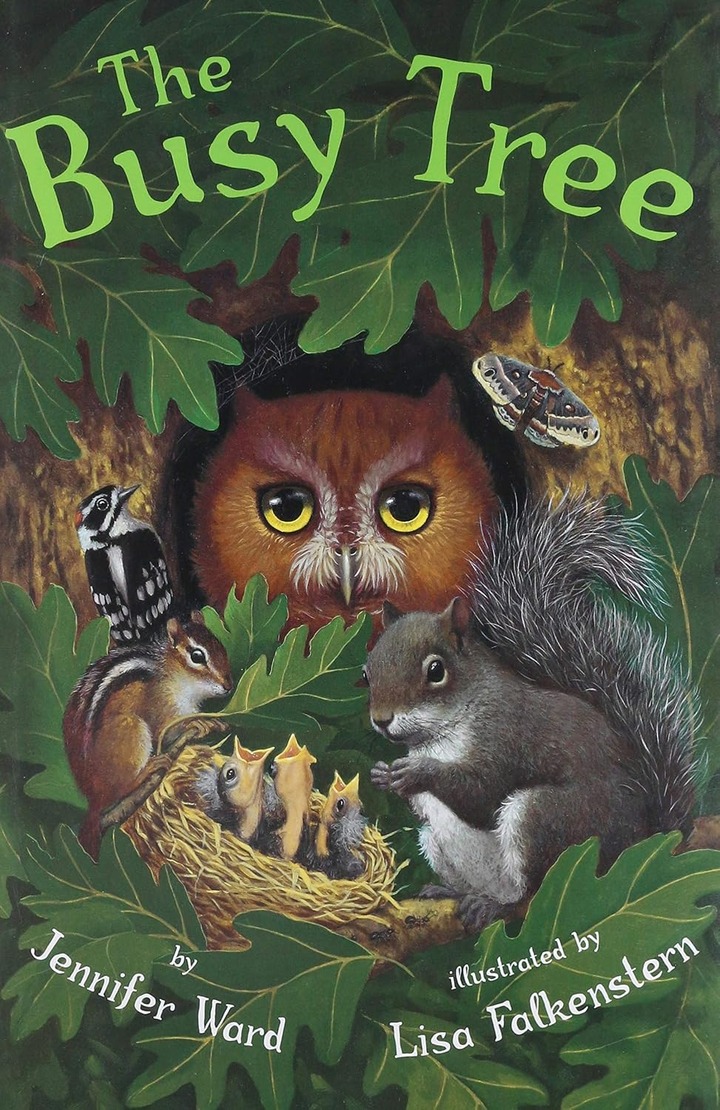 Owl in a hollow of a tree surrounded by other creatures of the forest